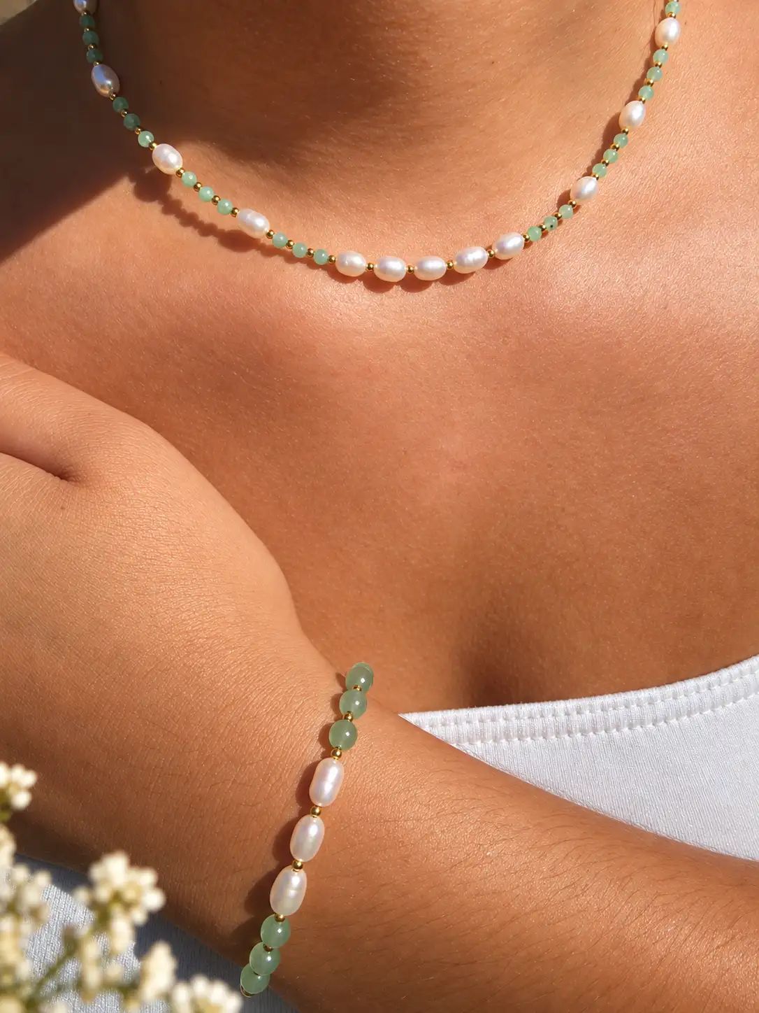 THALASSA-Bracelet Aventurine verte & perles d'eau douce
