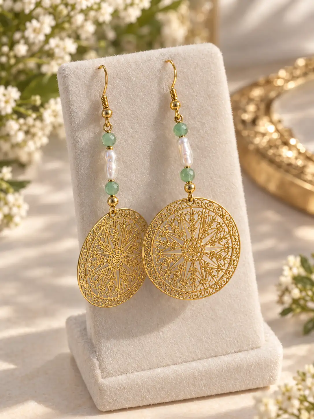 THALASSA-Boucles d'oreilles Aventurine & Perles d'eau douce