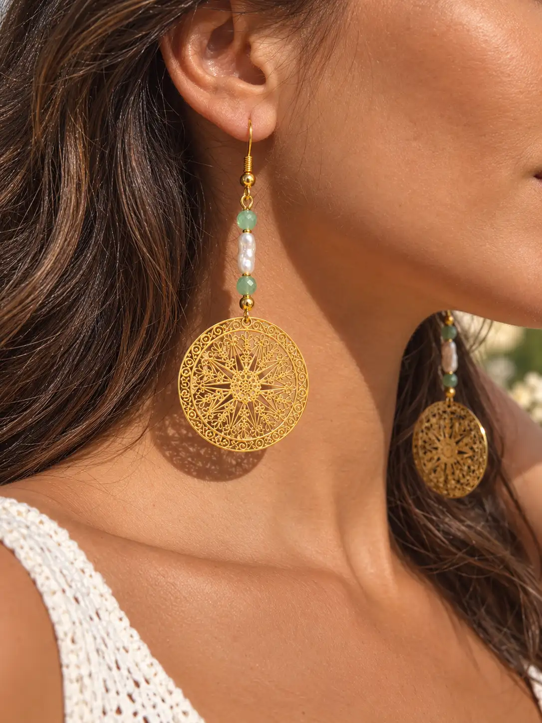 THALASSA-Boucles d'oreilles Aventurine & Perles d'eau douce