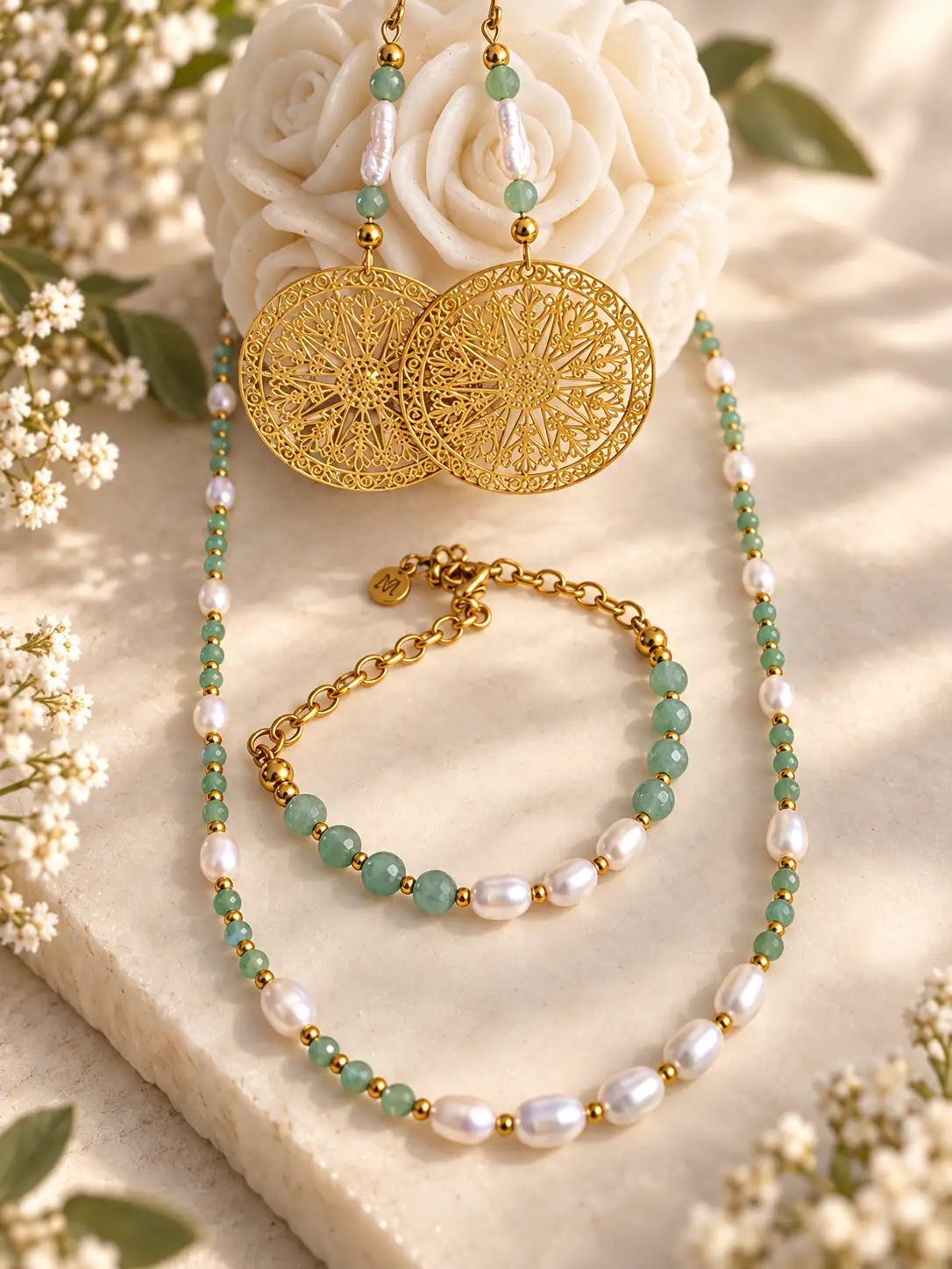 THALASSA-Boucles d'oreilles Aventurine & Perles d'eau douce